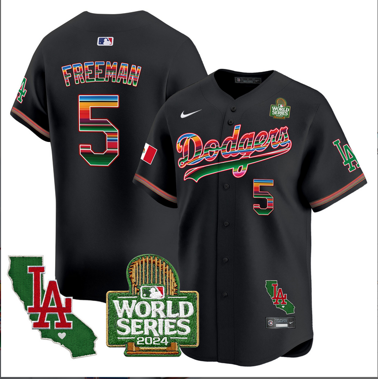 Men MLB Mexico Los Angeles Dodgers 5 Freeman black 2024 World Series Champions Patch Jersey 20241105